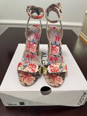 ALDO Floral Ankle-Strap Heels in Pink and Red